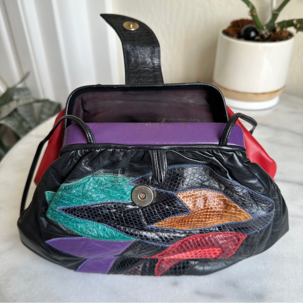 VINTAGE • 80s Jewel Tone Leather Crossbody Bag Punk Bohemian Boho Weird Girl - Picture 9 of 16